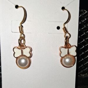 Hand Crafted Gold and White Bow Pearl Dangle Earrings